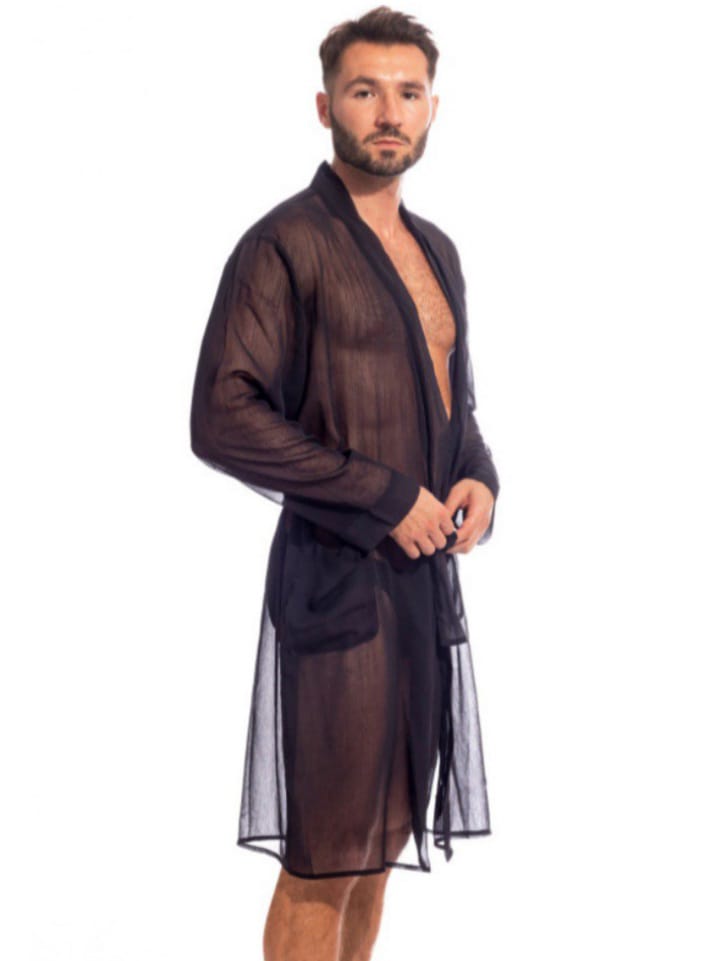 DREAM-CITY Men's Feline Chantilly Black-Kimino Dressing Gown Bathrobe